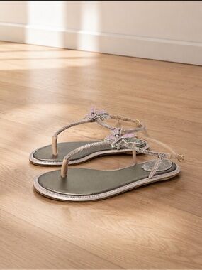 RENE CAOVILLA FLORAL CRYSTAL NUDE FLAT SANDAL size 7 1/2
